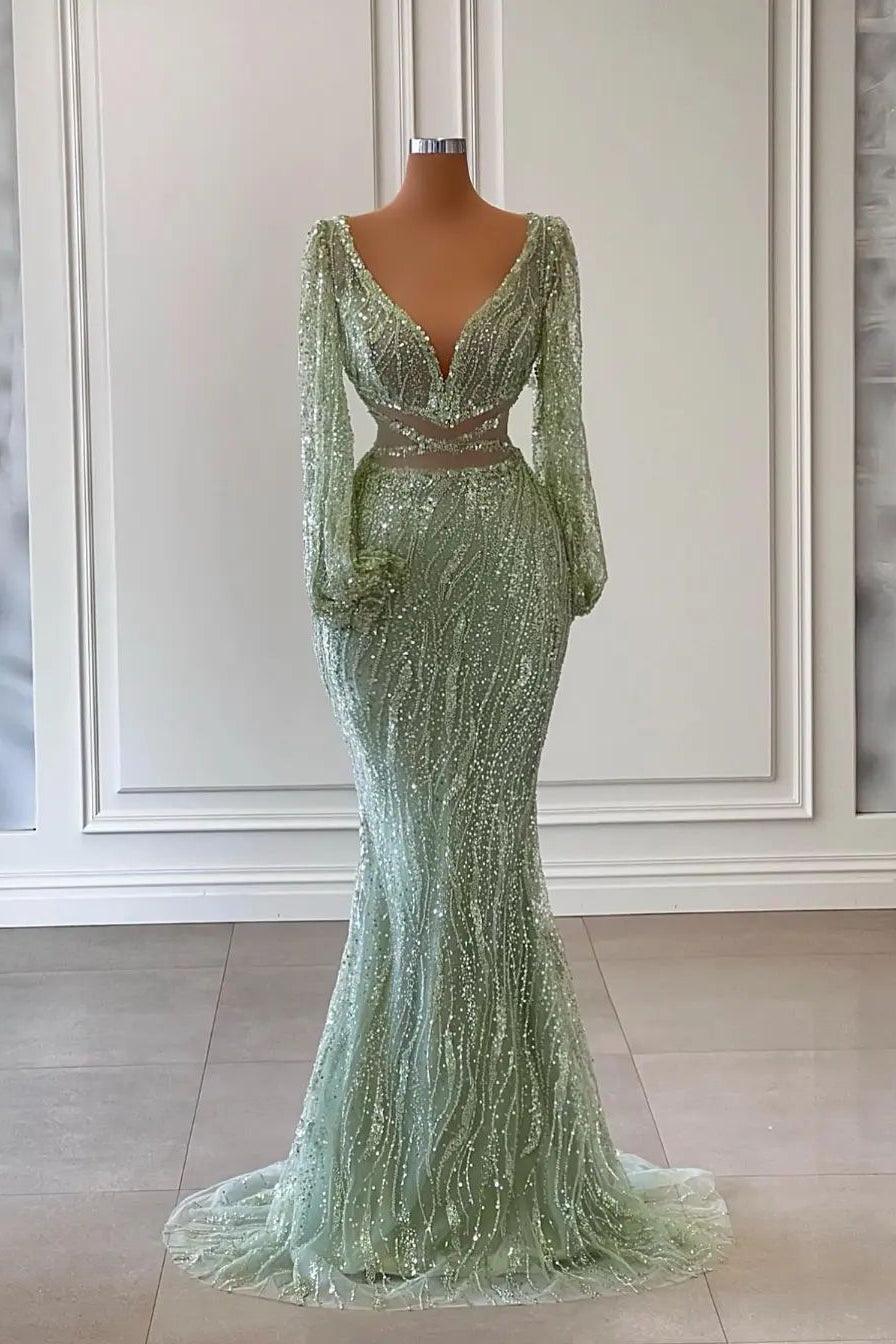 Exquisito vestido de fiesta de sirena con escote en V, mangas largas y lentejuelas