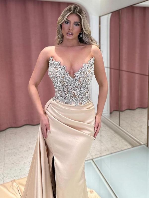 Exquisites langes Champagner Meerjungfrau trägerloses Ballkleid mit Schmucksteinen