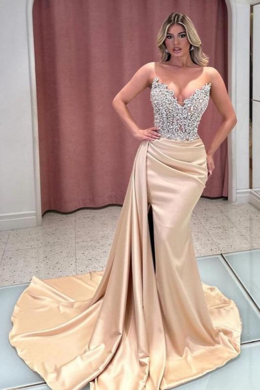 Exquisites langes Champagner Meerjungfrau trägerloses Ballkleid mit Schmucksteinen