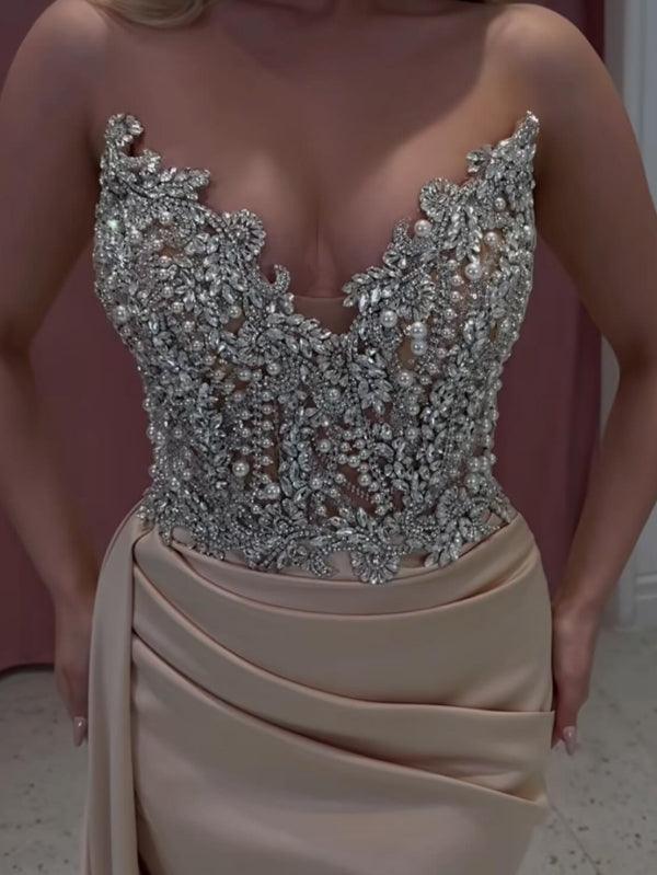 Exquisites langes Champagner Meerjungfrau trägerloses Ballkleid mit Schmucksteinen