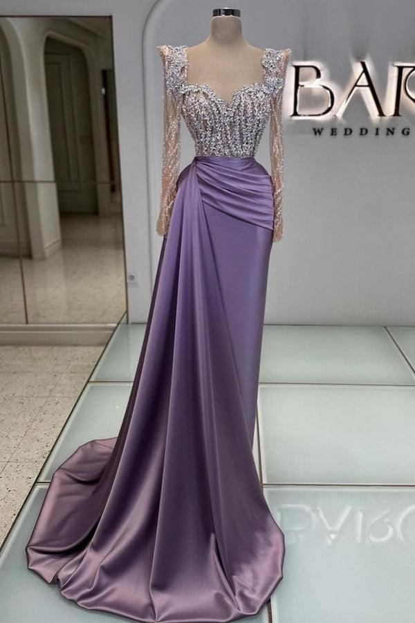 Extravagantes langes lila Ballkleid mit Perlen und Spitze und langen Ärmeln