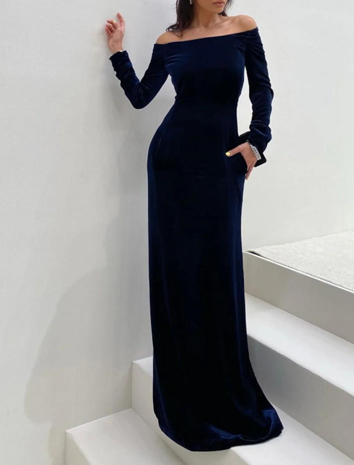 Etuikleid/Säulen-Abendkleid, minimalistisches Kleid, formeller Abend, bodenlang, langärmelig, schulterfrei, Herbst, Hochzeitsgast, Samt mit glattem