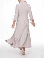 Two Piece Sheath / Column Mother of the Bride Dress Wedding Guest Party Elegant Winter With Jacket 3/4 Sleeve Shirt Collar Ankle Length Chiffon Pleats Solid Color