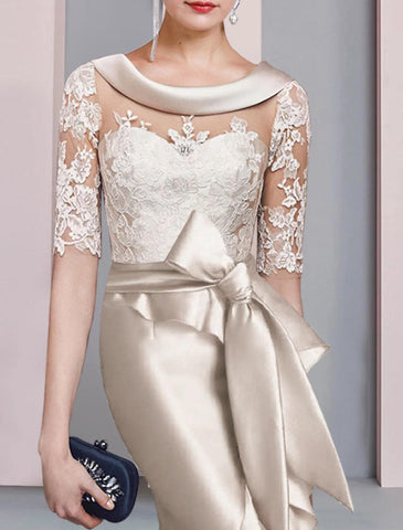 Meerjungfrau/Trompete Kleid für die Brautmutter, formelle Kleider für Hochzeitsgäste im Herbst, elegant, hoch und tief, Rundhalsausschnitt, Schleppe/Pinselzug, asymmetrisch, Satin, Spitze, halbe Ärmel mit Schleife(n), Applikationen