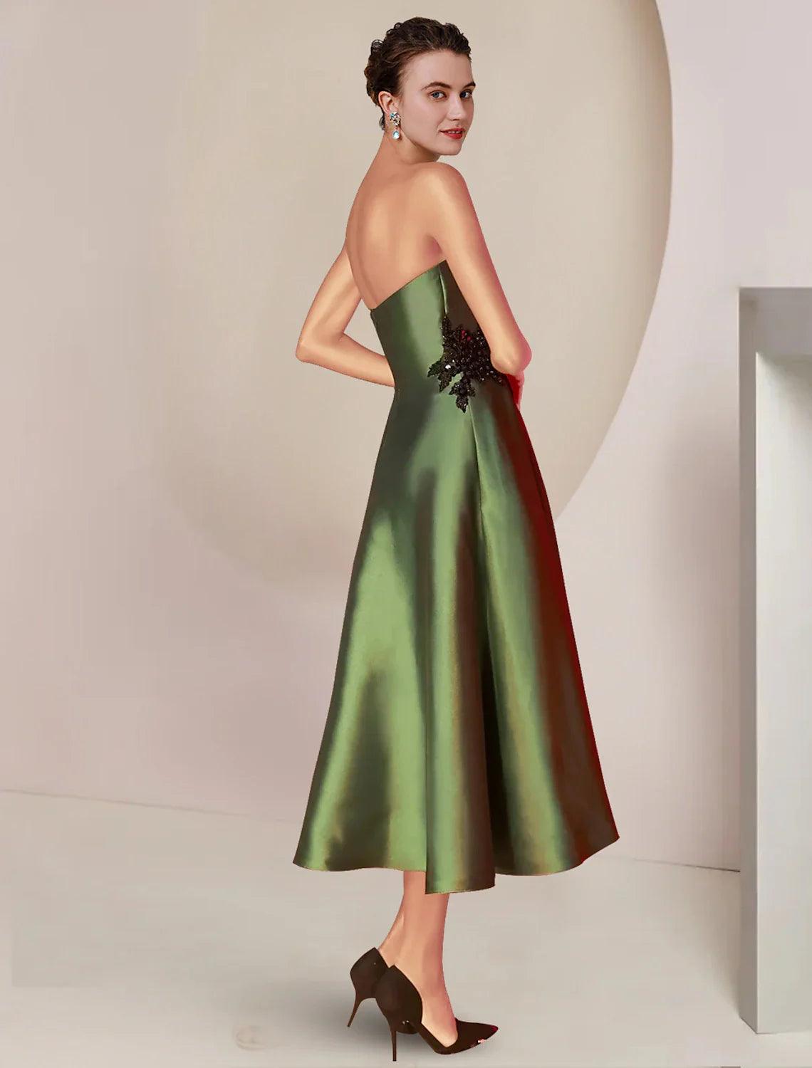 Zweiteiliges A-Linien-Kleid für die Mutter der Braut, formelle Hochzeitsgastparty, elegantes trägerloses, wadenlanges Charmeuse-Kleid mit Pailletten und ärmellosen Schals mit Perlenapplikationen