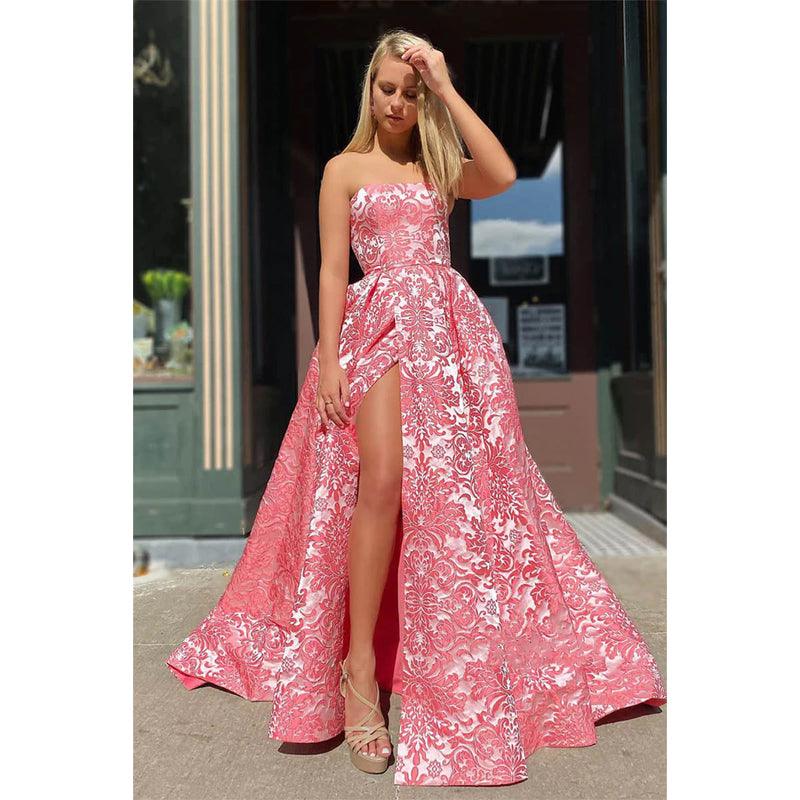 Vestido de fiesta largo con abertura alta, corte A, de encaje exquisito sin tirantes y bolsillos 