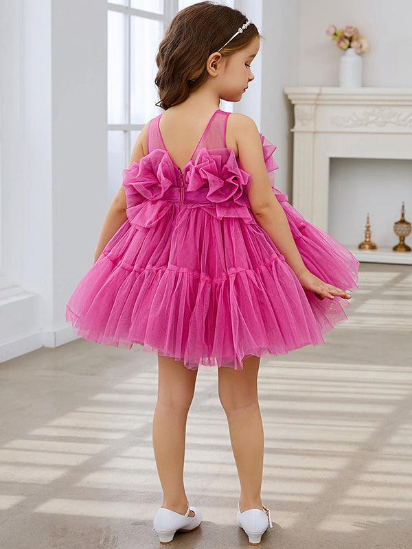 Vestido de niña de flores de tul rosa, sin mangas, con lazo, estilo princesa (010224355) 