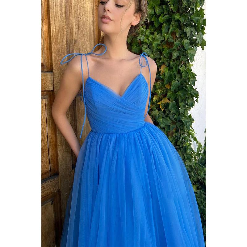 Vestido de fiesta vintage con tirantes finos, tul plisado, largo hasta la rodilla, dulce 