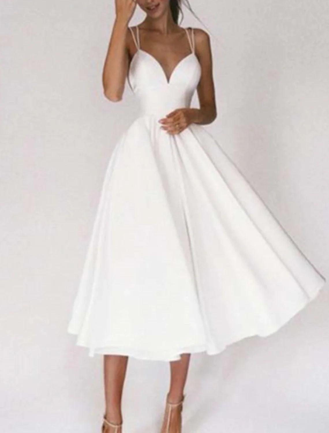Vestidos de novia de corte A, escote corazón, camisola, tirantes finos, largo hasta la rodilla, de gasa, con pliegues