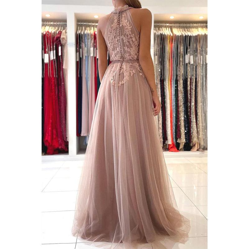 Vestido de noche formal de tul elegante con apliques de encaje y escote alto único 