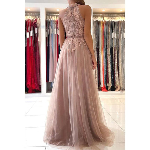 Unique High Neckline Lace Appliques Elegant Tulle Formal Evening Dress