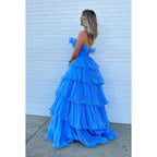 Vestido de fiesta largo de tul fruncido sin tirantes, corte A, con cola larga