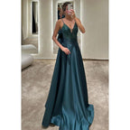 Langes Abendkleid aus Satin mit V-Ausschnitt, Spaghettiträgern und Pailletten in A-Linie