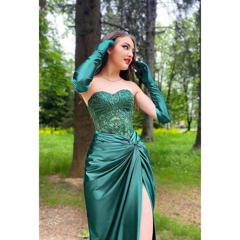 Sweetheart Strapless Beaded Ruched Satin Sheath Long Prom Evening Dress