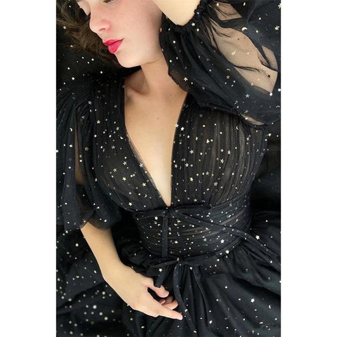 Sexy V-neck Half Sleeves High Split Sparkly Prom Dress with Pockets