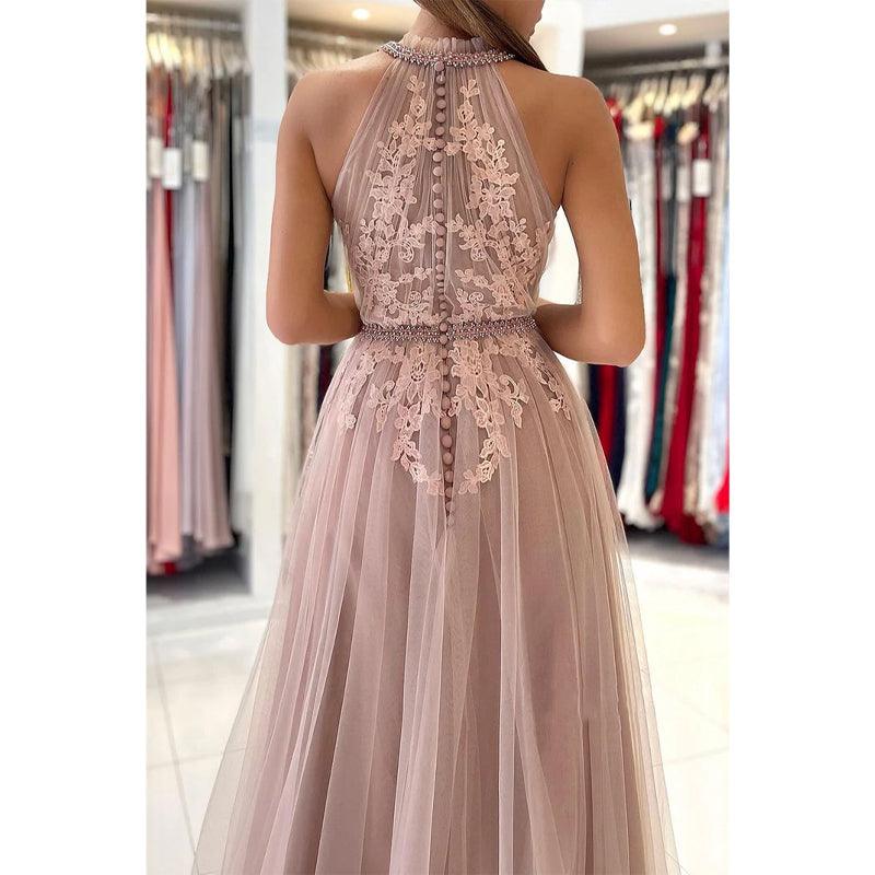 Vestido de noche formal de tul elegante con apliques de encaje y escote alto único 