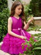 Vestido de niña de flores de tul fucsia sin mangas con volantes (010225236) 