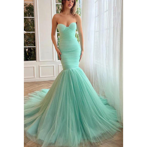 Trumpet/Mermaid Strapless Tulle Zipper-Up Sleeveless Prom Dress