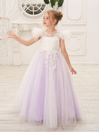 Vestido de niña de las flores con cola larga y tul con encaje desmontable 