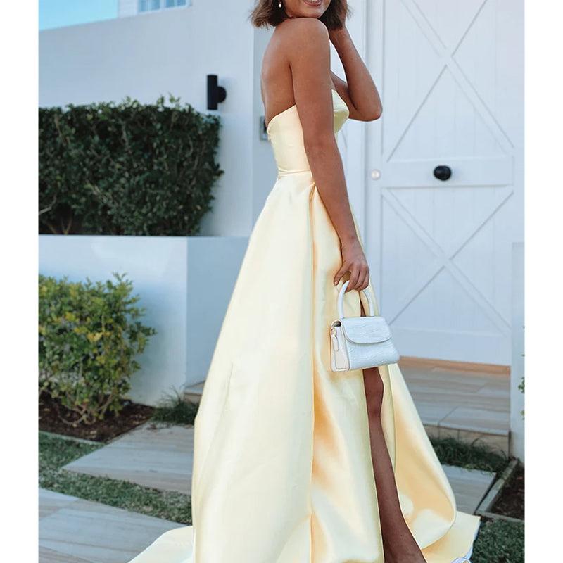 Sweetheart Yellow Satin High Split Prom Dress with Pockets