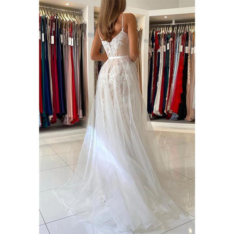 Meerjungfrau-Abendkleid mit Spaghettiträgern und Spitzenapplikationen 