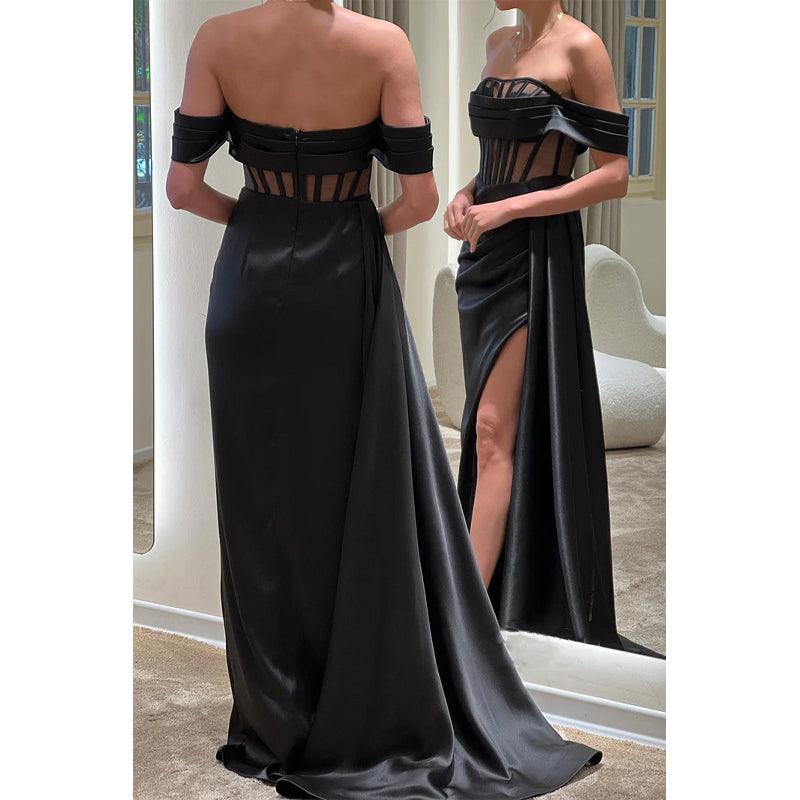 Vestido de fiesta largo con pliegues de ilusión, hombros descubiertos y satén sexy y caliente con abertura 