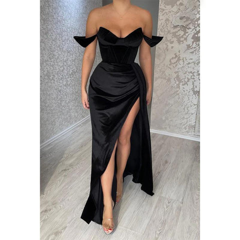 Sexy V-neck Pleats Black Long Formal Evening Dress with Slit