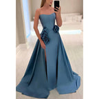 Vestido de noche de satén con escote en forma de A, estampado floral y abertura para fiesta de graduación 