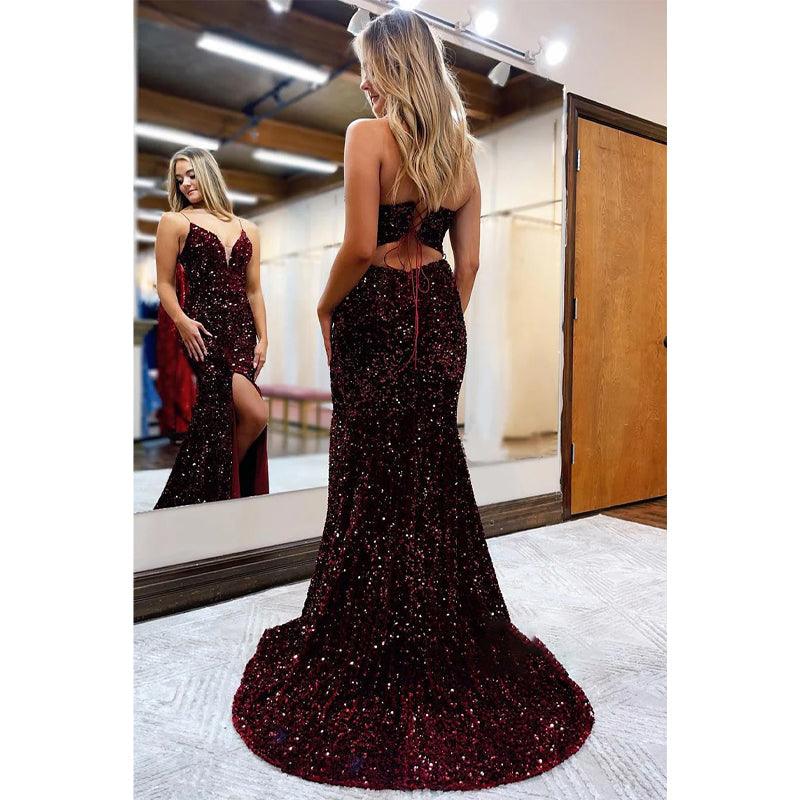 Vestido de fiesta con escote en V pronunciado, lentejuelas brillantes y abertura