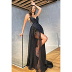 Vestido de fiesta largo con cola larga, ilusión de cuentas y brillante sin tirantes y abertura 