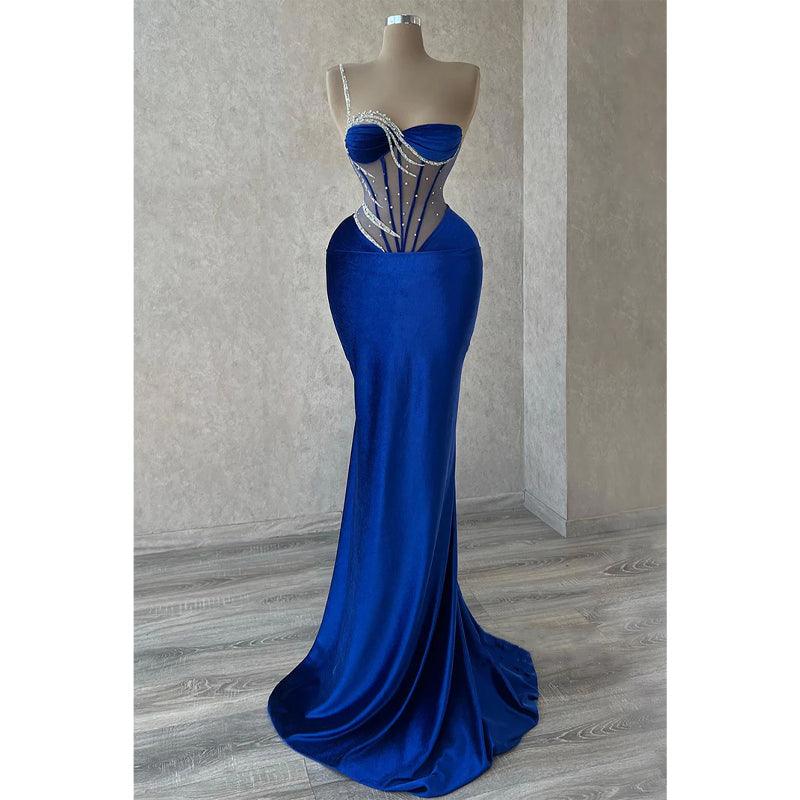 Vestido largo de fiesta de terciopelo con un solo hombro y cuentas, ilusión, vestidos de noche 