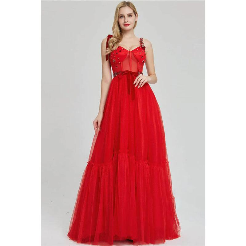 Vestido de fiesta largo de tul rojo con tirantes de cuentas, corte A y bolsillos 