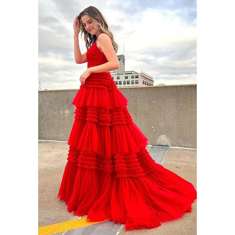 V-Neck Spaghetti Straps Ruched Tulle A-Line Long Homecoming Court Dress