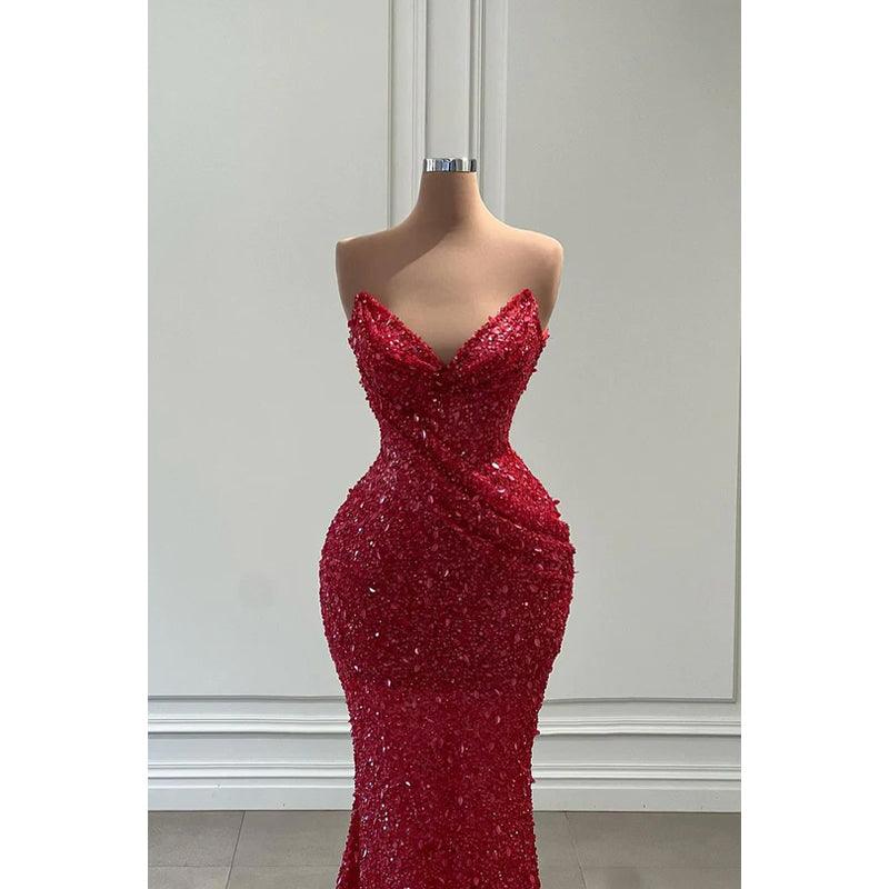 Vestido de fiesta de noche estilo sirena con escote en V y lentejuelas rojas brillantes, sin mangas
