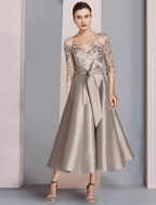 Two Piece A-Line Mother of the Bride Dress Formal Church Party Elegant Scoop Neck Tea Length Satin Lace Half Sleeve with Appliques Ruching