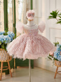 Elegantes rosa Schmetterling Verzierungen Baby Mädchen Kleid 