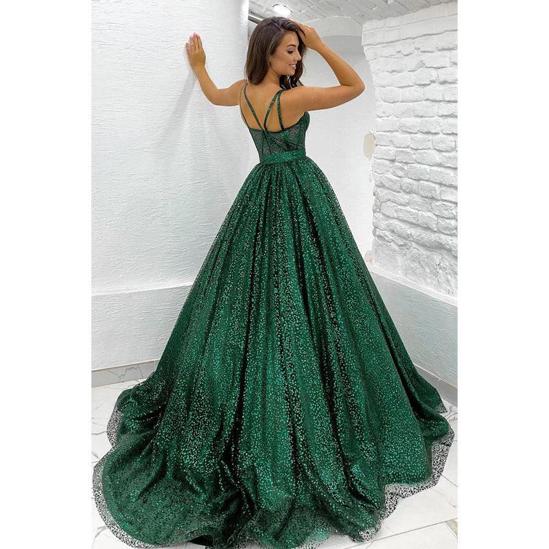 Vestido de fiesta brillante de corte A con tirantes finos y bolsillos 