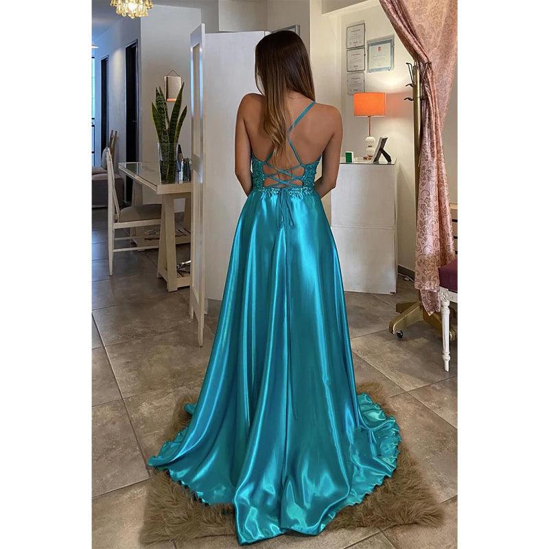 Vestido de fiesta de graduación con escote en V pronunciado, cola desmontable y abertura 