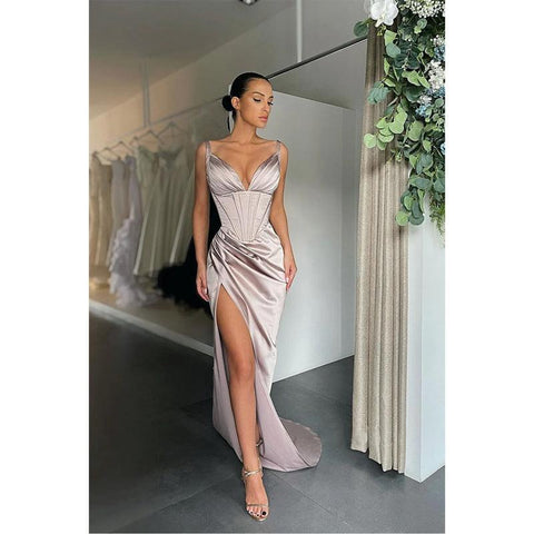 Sexy V-neck Pleats High Split Mermaid Prom Dresses