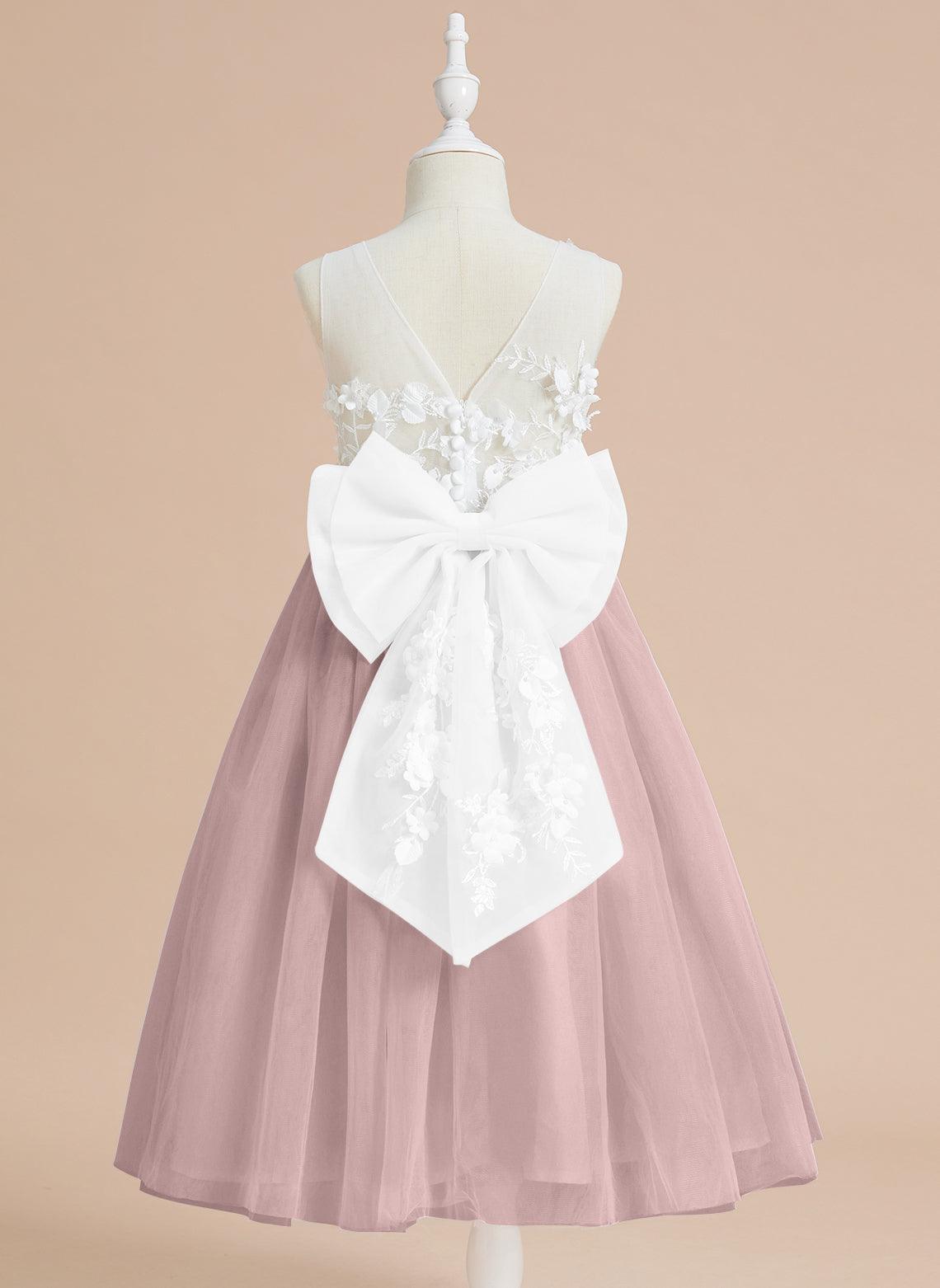 Vestido largo hasta la rodilla con encaje floral y lazo grande 
