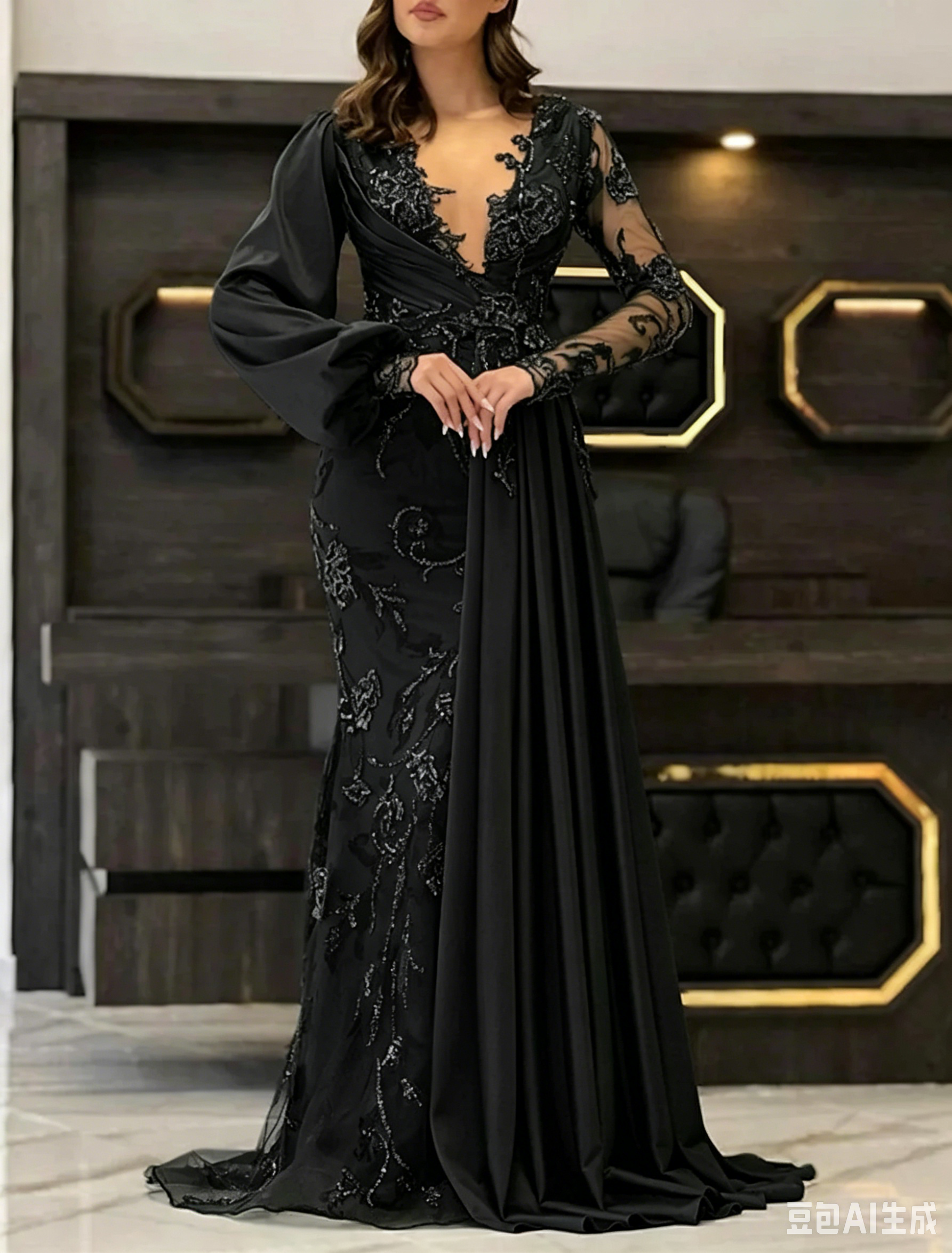 Mermaid / Trumpet Evening Gown Luxurious Dress Formal Wedding Guest Floor Length Sleeveless V Neck Fall Wedding Guest Lace with Appliques Pure Color