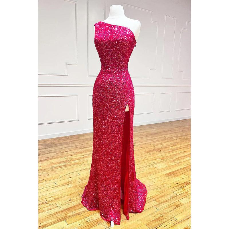 Vestido de fiesta único con lentejuelas brillantes y un solo hombro 