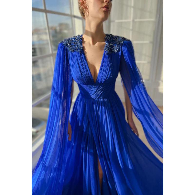 Elegantes und luxuriöses V-Ausschnitt A-Linien-Ballkleid mit gerafftem Seitenschlitz und bestickter