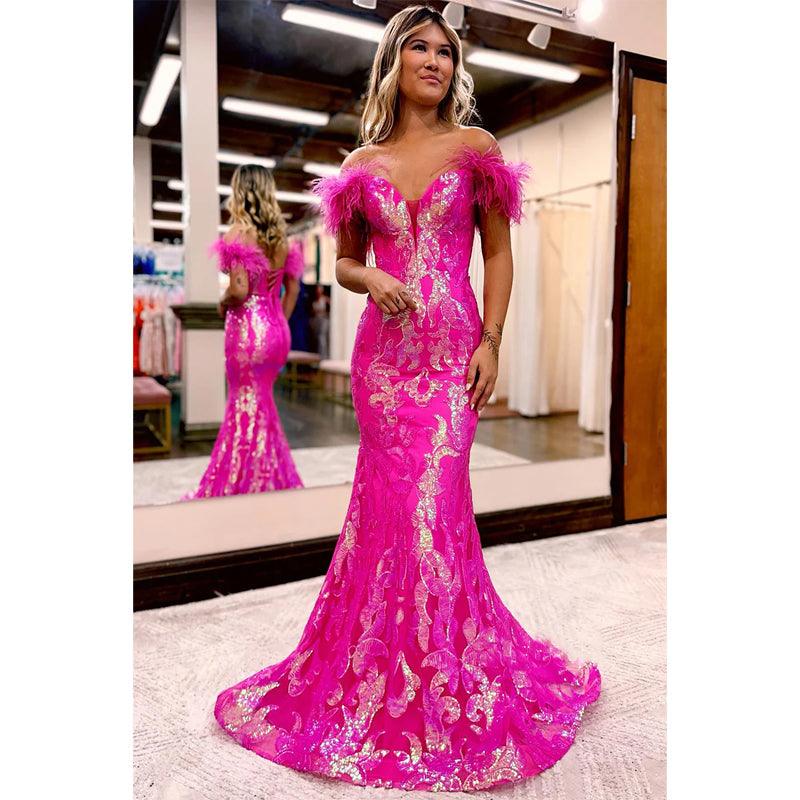 Vestido de fiesta de sirena con escote en V pronunciado y apliques de lentejuelas