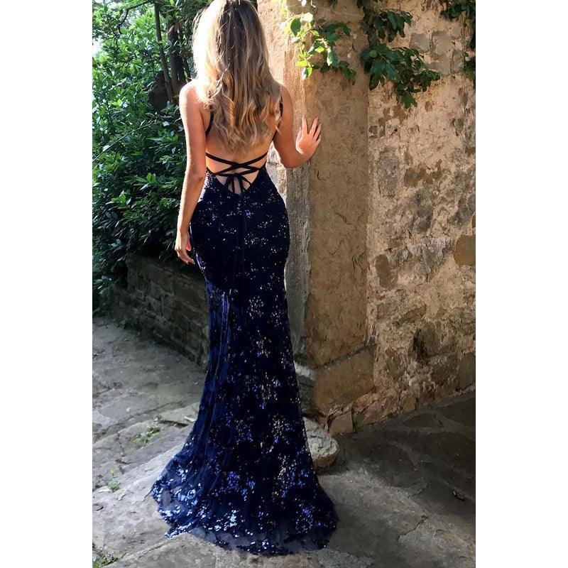 Vestido de noche largo de satén con lentejuelas y escote en V para graduación