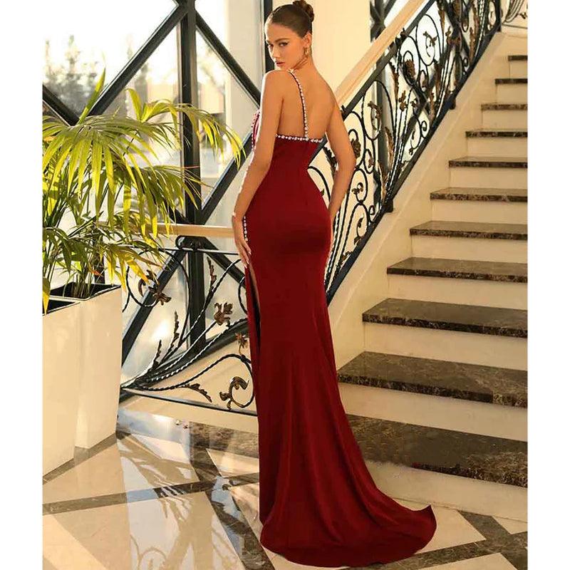 Vestido largo de fiesta de graduación con cuentas y un hombro único con abertura 