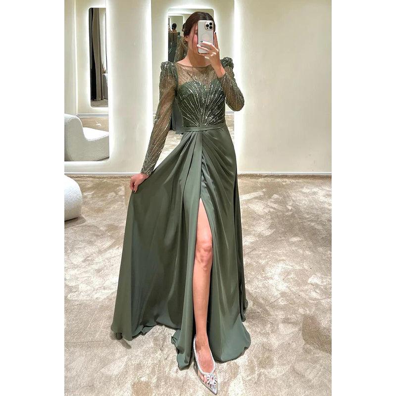 Vestido de noche largo de fiesta con cuello redondo, mangas largas y cuentas, corte A
