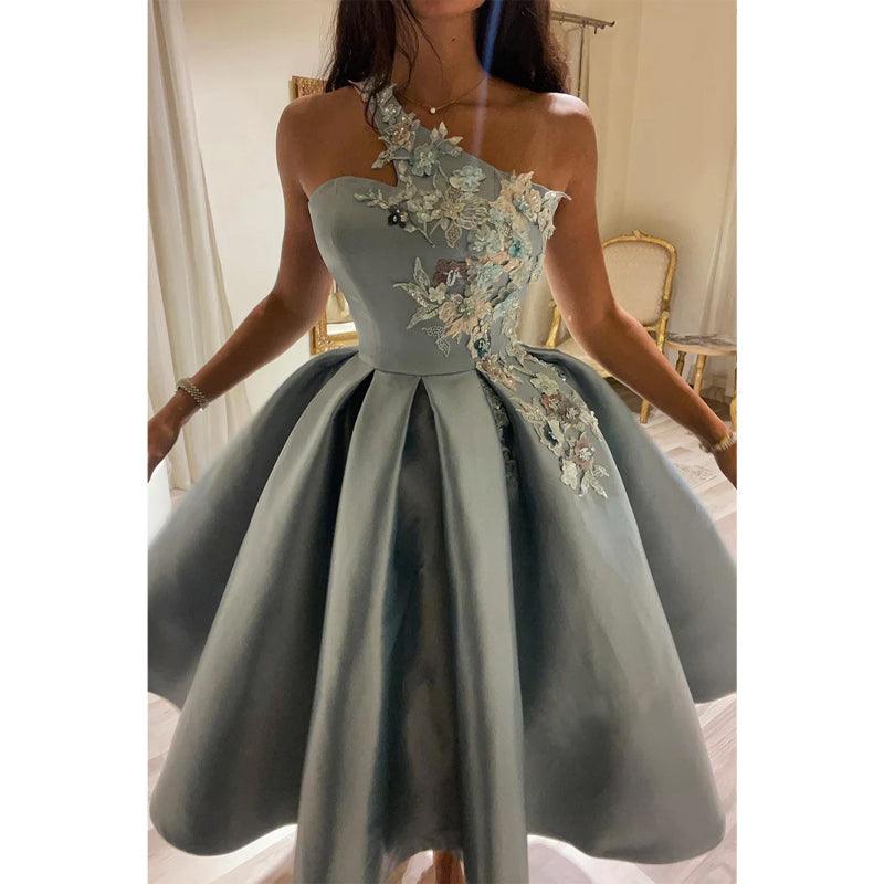 Vestido de fiesta vintage con apliques de un solo hombro único y dulce 