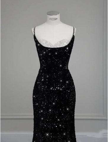 Meerjungfrau / Trompete Abendkleid Sparkle &amp; Shine Kleid Formeller Hochzeitsgast Bodenlang Ärmellos Spaghettiträger Paillettenbesetzt mit Schleife(n) Kristalle Pailletten