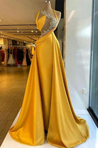 Fabelhaftes, säulenförmiges, ärmelloses, langes Ballkleid aus Satin mit Neckholder und Perlenverzierung in Gelb